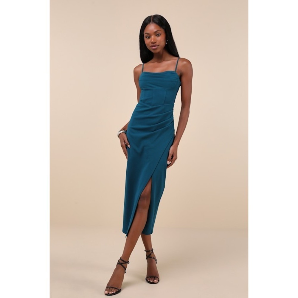 Lulus Always Turning Heads Dark Teal Bustier Tulip Midi Dress Blue - Size M